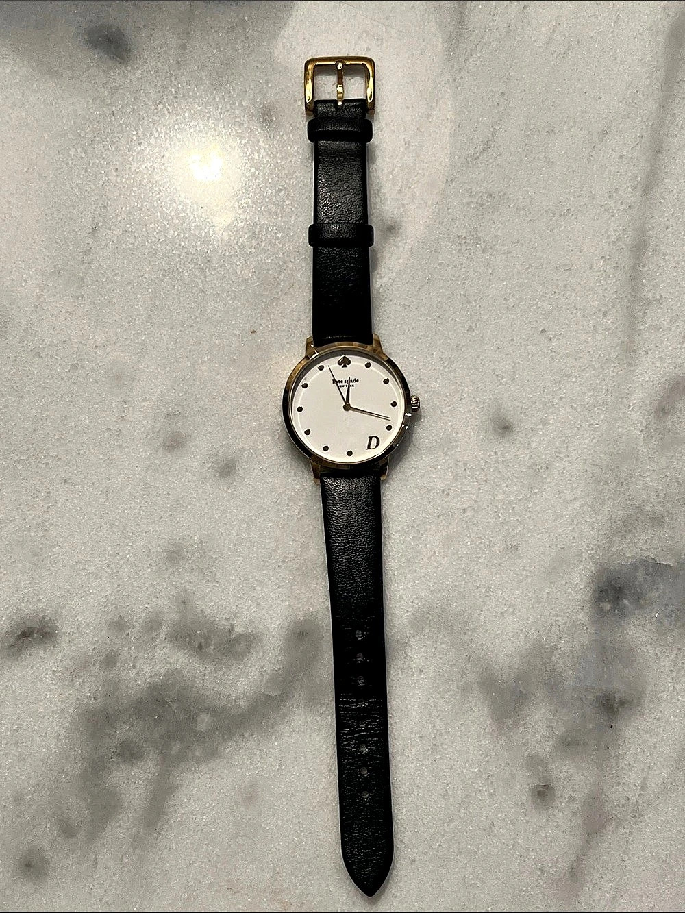 Kate Spade “D” Gold-Tone Watch with Black Leather Strap